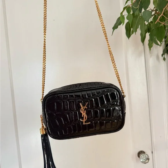 Yves Saint Laurent Black Croc Embossed Mini Lou Camera Bag - Picture 2 of 7
